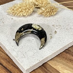 Broche lune noir & feuilles d'or