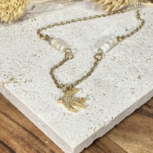 Collier hirondelle en zircons & nacre
