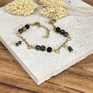 Bracelet agate noire, œil de tigre & hématite