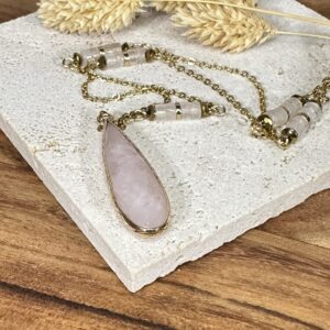 Sautoir goutte de quartz & quartz rose